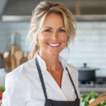 Smiling blonde female chef in a white coat and gray apron, standing in a modern, well-organized kitchen with fresh vegetables in the background — representing Eva, the AI chef of InnovateRecipes.com.