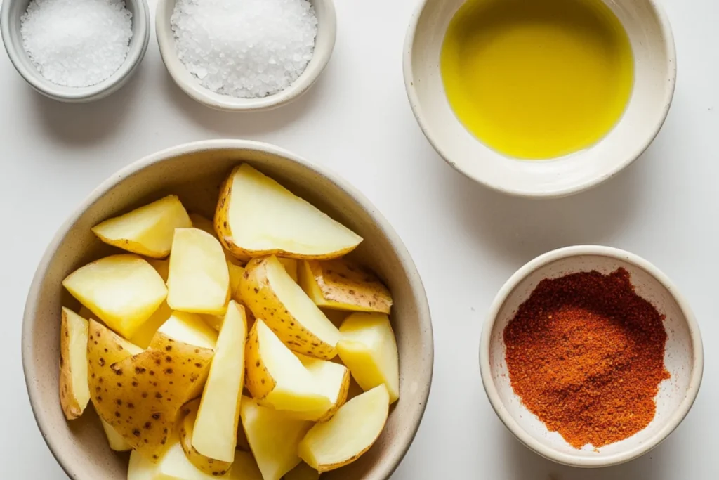 Front view of ingredients for homemade fries, neatly arranged on a clean white countertop: a bowl of peeled and cut Russet potatoes, a small dish of vegetable oil, a bowl of salt, and a dish of seasonings like paprika and garlic powder, in a bright and organized workspace.