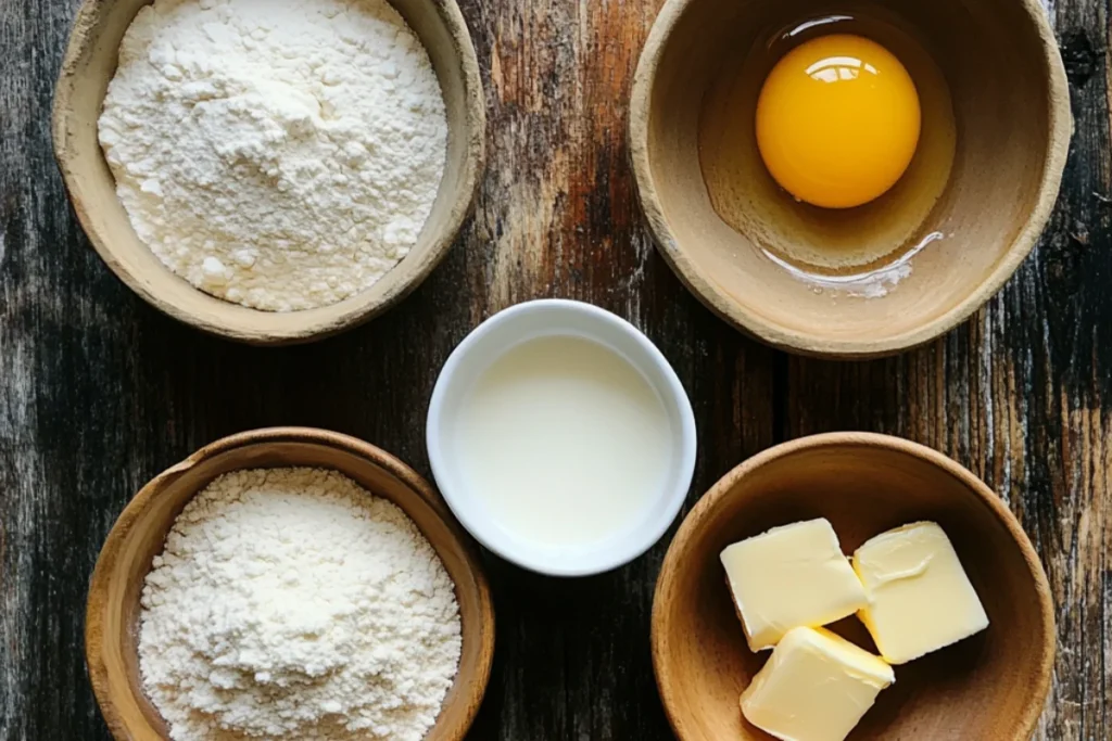 Five bowls on a modern white countertop with flour, baking powder, a cracked egg, milk, and melted butter, neatly arranged and well-lit.