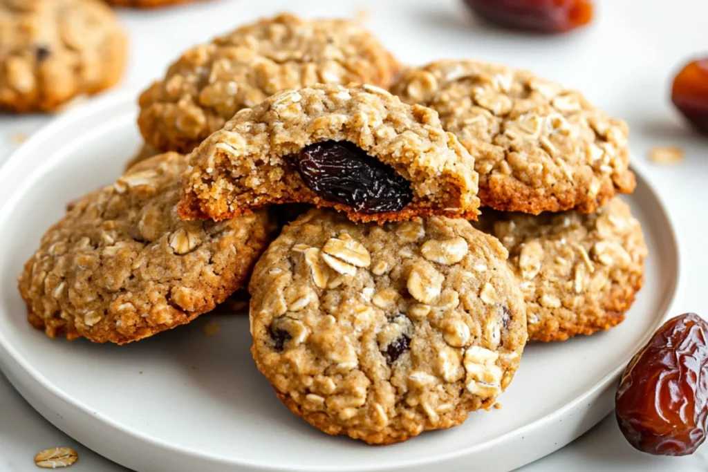 Oatmeal cookies broken in half, showing gooey date paste inside, on a white plate with scattered oats and whole dates on a marble countertop. Bright natural lighting highlights the soft, golden cookies.