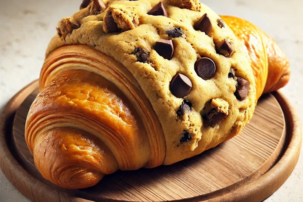 "Freshly baked crookies—a perfect blend of cookies and croissants—golden brown with a flaky, buttery texture, topped with melted chocolate drizzles and a sprinkle of powdered sugar, displayed on a wooden board with a warm, inviting kitchen background."