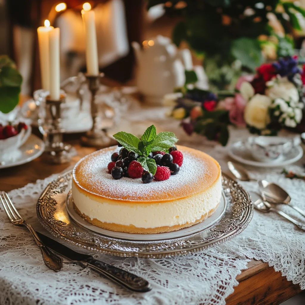 French cheesecake :French-style cheesecake topped with powdered sugar, fresh berries, and mint leaves, served on a vintage silver platter over a lace-covered table, surrounded by candles and floral arrangements in a cozy, romantic setting.