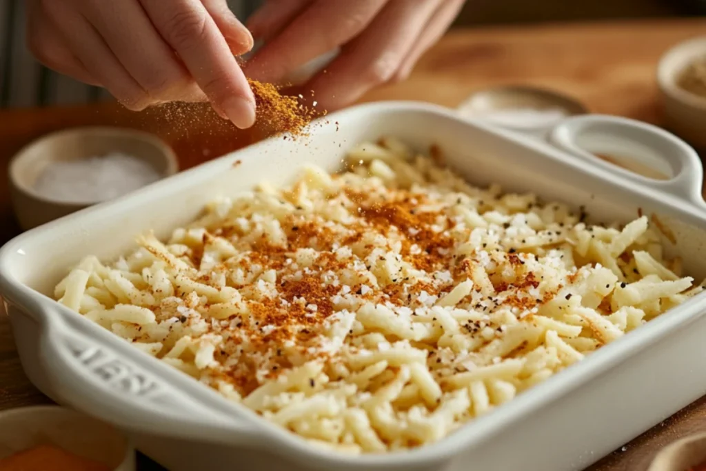 Alt text: Step-by-step process of seasoning a hashbrown casserole, showing hands sprinkling salt, pepper, and spices over frozen hashbrowns in a white baking dish, with small bowls of seasoning on a wooden countertop.