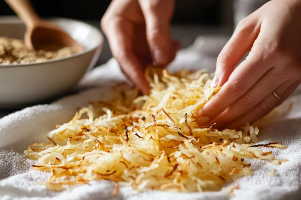 Thawed hashbrowns spread on a white kitchen towel to remove excess moisture, with hands gently pressing to dry them. A bowl of seasonings and a wooden spoon are placed on the counter nearby.