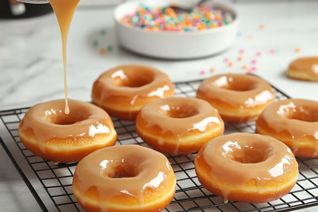 Freshly baked donuts on a wire rack being coated with a smooth, shiny classic glaze, with a bowl of glaze and a spoon nearby, set on a parchment-lined countertop with scattered sprinkles.