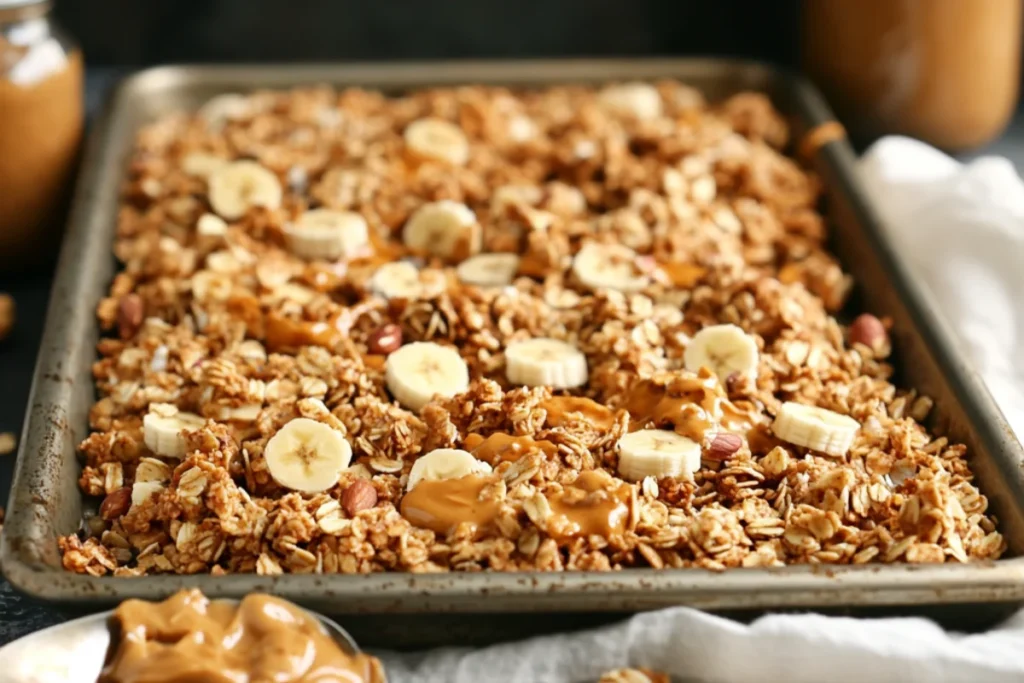 Front view of a baking sheet filled with golden homemade granola mixed with peanut butter, almond butter, and cashew butter, topped with banana chips, oats, and nuts, with a spoonful of granola and jars of nut butters in the background.