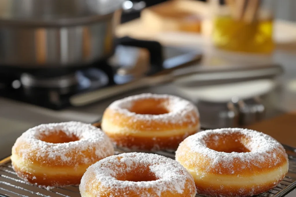 Golden brown freshly fried donuts with a crisp outer shell and soft, airy interior, resting on a cooling rack dusted with powdered sugar, with a pot of hot oil and slotted spoon in the background.