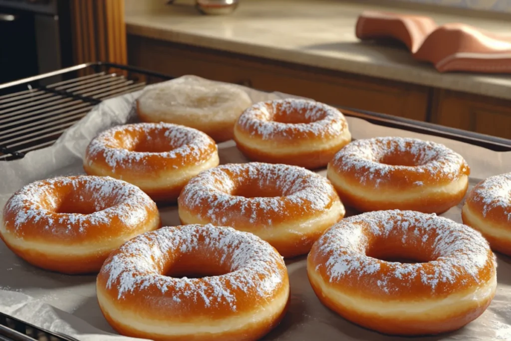 Golden brown freshly baked donuts with a crisp outer shell and soft, fluffy interior, arranged on a parchment-lined baking tray, with some dusted with powdered sugar and others glazed, set in a warm kitchen setting.