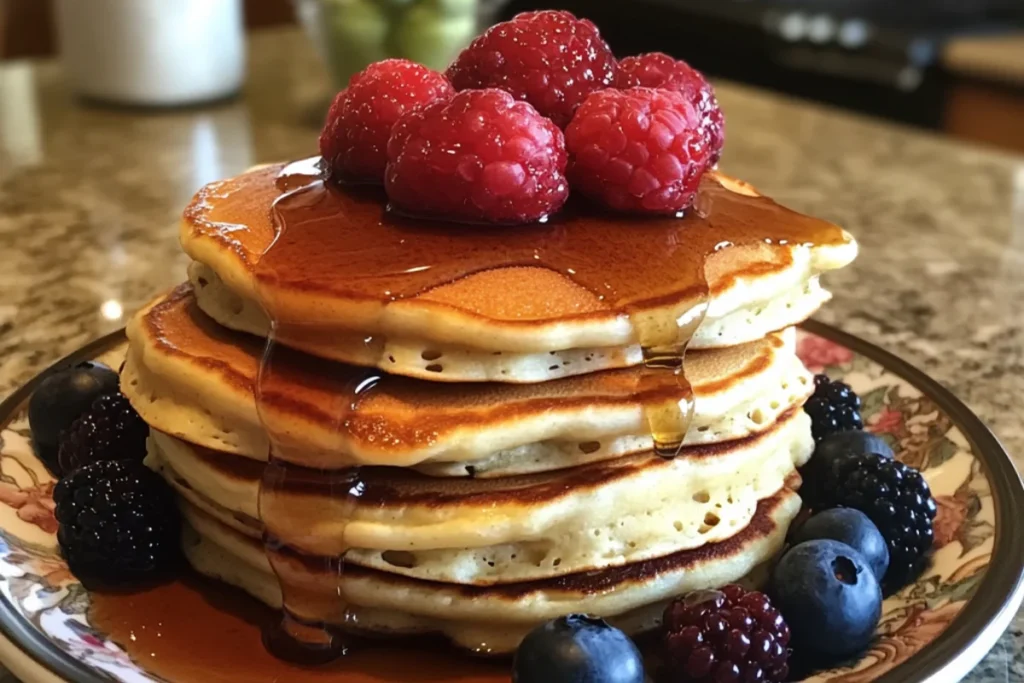 "Plate of savory cottage cheese pancakes topped with sliced avocado and a sunny-side-up egg."