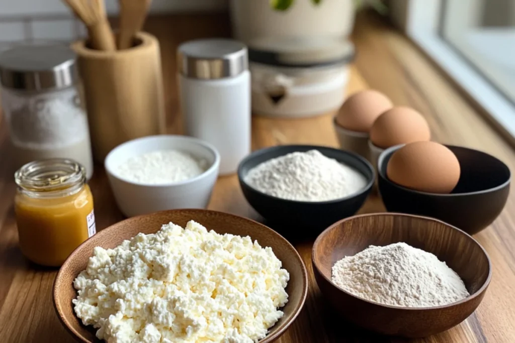  Six ingredients for Cottage Cheese Pancakes in bowls: cottage cheese, eggs, flour, honey or maple syrup, baking powder, and salt on a clean kitchen counter.