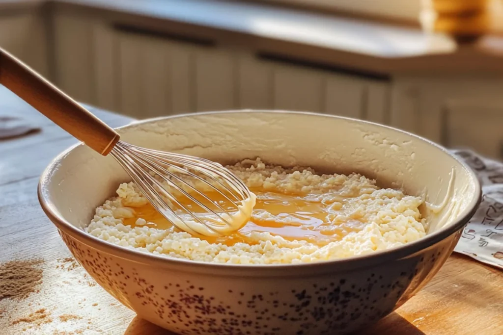 Alt text: Mixing cottage cheese, eggs, and sweetener in a large bowl with a whisk until smooth and well blended.