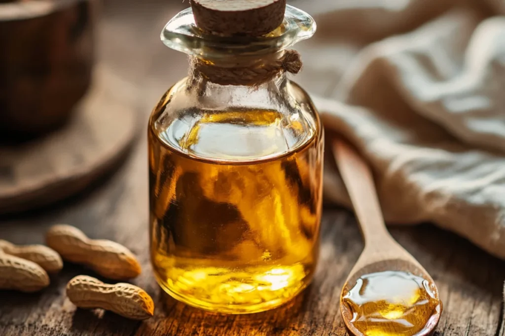 A close-up of a glass bottle filled with golden peanut oil on a rustic wooden counter, surrounded by raw peanuts and a wooden spoon with a small pool of oil, illuminated by soft natural lighting.