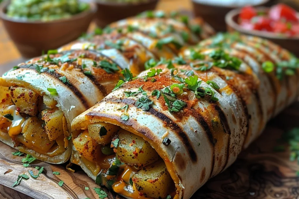 A close-up of loaded breakfast burritos cut in half, showing layers of fluffy scrambled eggs, crispy bacon, seasoned potatoes, melted cheese, and fresh avocado. The burritos are placed on a rustic wooden board with small bowls of salsa and sour cream on the side. Soft, natural lighting gives the image a warm, cozy brunch vibe.