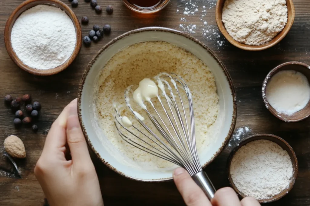 "Hands blending all-purpose flour and almond flour in a ceramic bowl for a smoother mug cake batter, with a whisk, small bowls of flour, and a mug partially filled with batter nearby, set on a rustic wooden countertop."