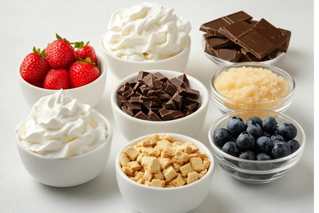Small bowls arranged on a white table, each holding dessert ingredients: whipped cream, crushed cookies, chocolate chunks, fresh strawberries and blueberries, sugar, and vanilla extract, with soft natural lighting.