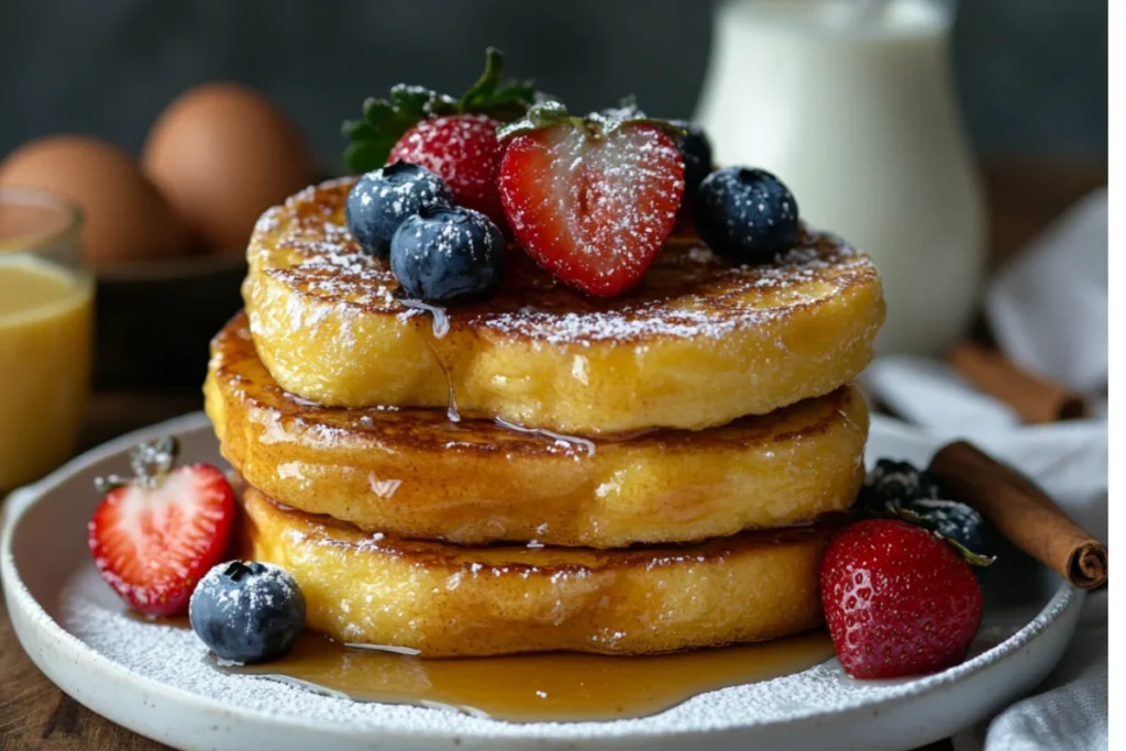 A stack of golden brioche French toast slices on a white plate, dusted with powdered sugar. The toast is topped with a pat of butter, fresh strawberries and blueberries, and drizzled with maple syrup. Surrounding the plate are ingredients like eggs, milk, cinnamon sticks, and a bottle of maple syrup on a rustic wooden table with soft morning light.