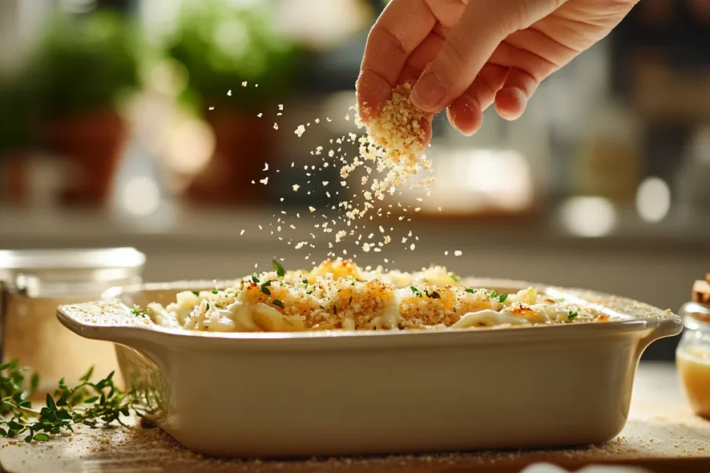 A hand sprinkling bread crumbs mixed with melted butter over a casserole dish, set on a clean and organized kitchen workspace with soft natural lighting, creating a warm and inviting scene.