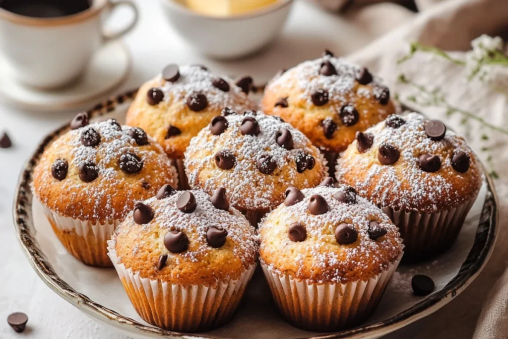 Close-up of golden brown muffins with fluffy, moist interiors displayed on a rustic wooden table, surrounded by baking tools and ingredients, highlighting the ideal texture and appearance of a perfect muffin.
