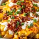 Loaded fries served in a stylish white ceramic dish, topped with melted cheddar cheese, crispy bacon bits, chopped green onions, and a drizzle of sour cream, set on a marble countertop with a fork and napkin nearby.