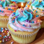 A batch of festive birthday cupcakes with swirls of colorful frosting, topped with sprinkles and lit candles. Soft natural lighting highlights their fluffy texture and vibrant decorations, creating a cheerful, homemade feel.