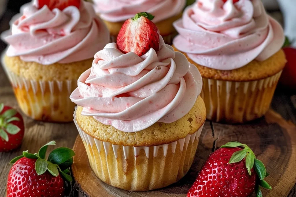 A batch of homemade strawberry cupcakes with soft pink frosting, topped with fresh strawberry slices. The cupcakes have a moist, golden-pink crumb with real strawberry pieces inside. Natural lighting highlights the fresh, fruity texture and inviting presentation.