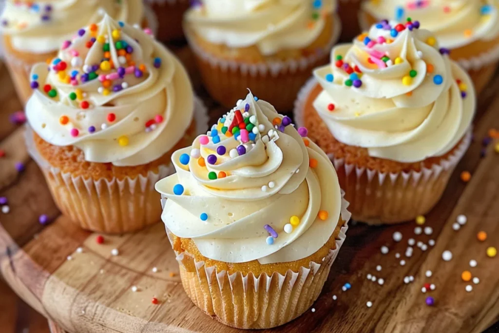 A batch of classic vanilla cupcakes with golden, fluffy cake and smooth vanilla buttercream frosting. Some are topped with sprinkles, while others have a dusting of powdered sugar. Natural lighting highlights their soft texture and homemade charm.