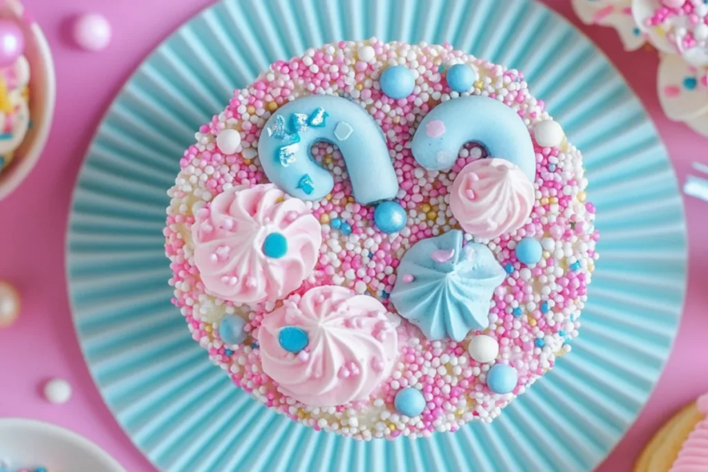 A variety of colorful sprinkles and decorative cupcake toppers, adding instant party vibes. Bright, fun shapes like stars, pearls, and confetti-style sprinkles scattered on a clean surface. Natural lighting enhances the vibrant colors and festive feel.