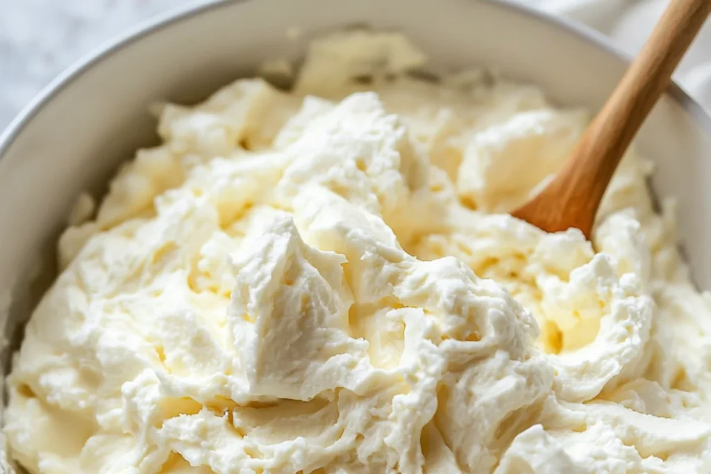 A bowl of smooth, creamy buttercream frosting with a spatula swiping through, showcasing its fluffy texture. Soft peaks form, highlighting the rich and airy consistency. Natural lighting enhances the buttery color, creating a homemade and inviting feel.