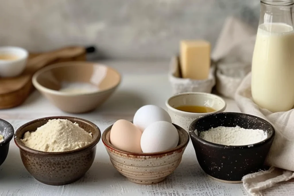 A front-view of eight bowls, each containing a baking ingredient: flour, baking powder, salt, butter, sugar, eggs, vanilla extract, and milk. The ingredients are arranged neatly with soft natural lighting, creating a fresh and inviting presentation.