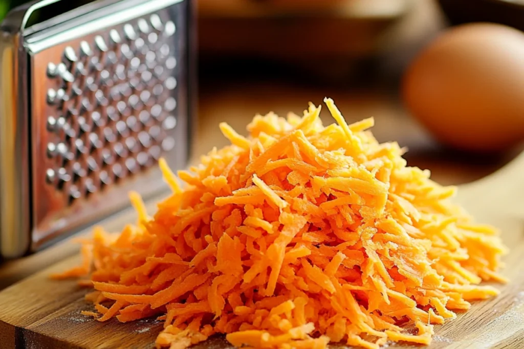 A close-up of freshly grated carrots on a wooden cutting board, with a fine grater beside them. The vibrant orange strands look moist and fresh, ready for baking. Soft natural lighting adds warmth, with a blurred background featuring baking ingredients.
