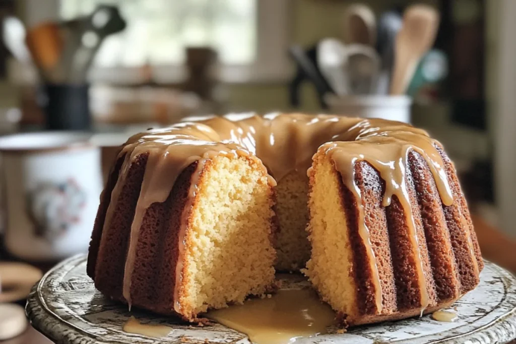 Bundt cakes:A homemade Bundt cake with a golden brown crust and a light glaze dripping down the sides, placed on a kitchen countertop. A slice is cut out, revealing its soft, moist interior. The background includes a coffee mug, a flour bag, and a wooden spoon, with natural lighting from a nearby window. Casual, amateur food photography style.