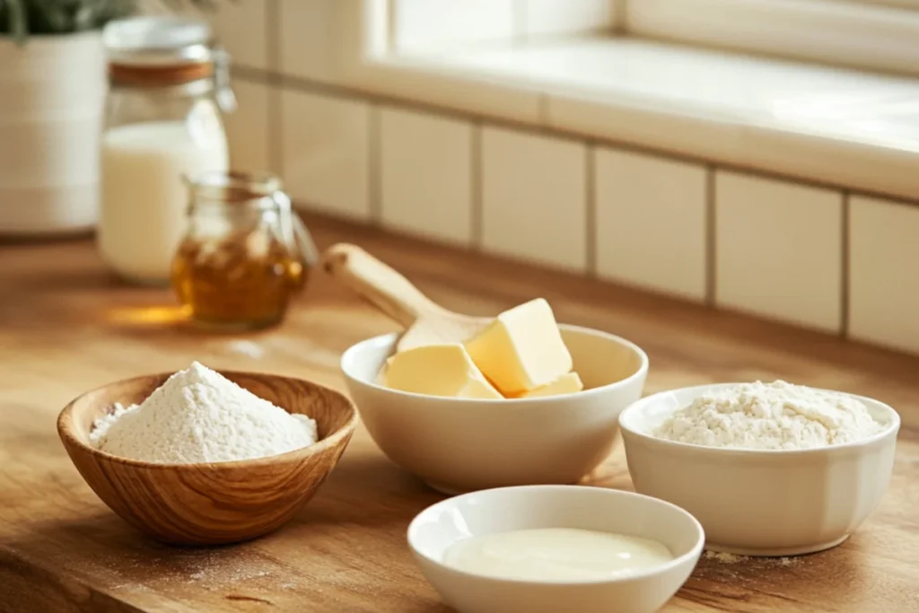 Bundt cakes:A clean and organized kitchen workspace with a wooden countertop. Four small bowls in the front view contain buttermilk, butter, all-purpose flour, and a sweetener (sugar or honey). The ingredients are fresh and neatly arranged, with soft natural lighting enhancing their textures. A blurred background keeps the focus on the ingredients.