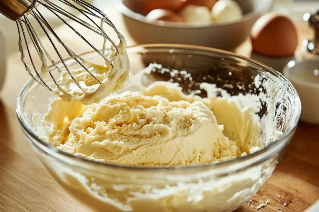A close-up of a home baker mixing Bundt cake batter in a clean, well-lit kitchen. A glass mixing bowl on a wooden countertop holds creamed butter and sugar, mixed with a hand mixer until light and fluffy. Nearby, a small bowl of eggs, a bowl of all-purpose flour, and a measuring cup of buttermilk are ready to be added. Soft natural lighting highlights the smooth batter texture.