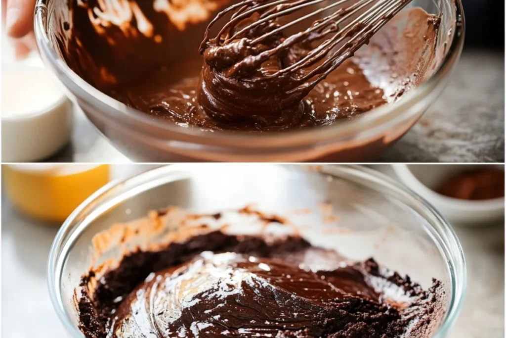 Step-by-step process of making fudgy brownie batter: melted butter mixed with sugar, eggs and vanilla whisked in, and cocoa powder with flour folded to create a thick, rich chocolate batter.