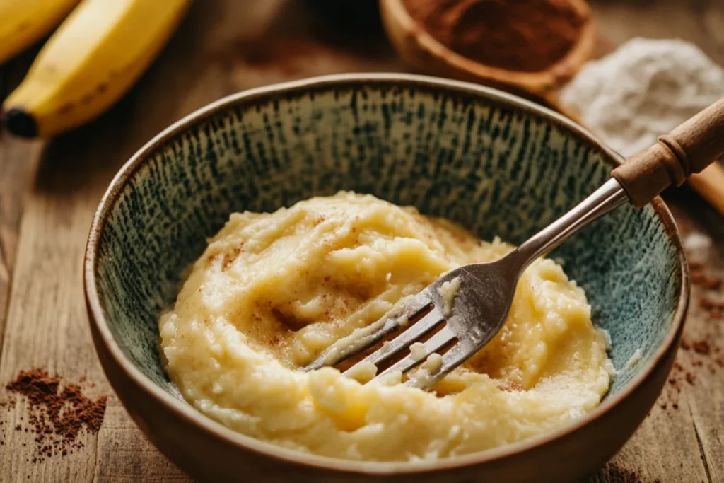 Mixing bowl with mashed bananas, melted butter, sugar, eggs, and vanilla extract being whisked together into a smooth batter, sitting on a wooden countertop with baking ingredients nearby.