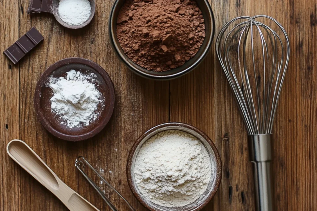Flat lay of cocoa powder, all-purpose flour (or almond flour), baking powder, and salt arranged on a wooden countertop with a whisk and measuring spoons nearby, ready for baking.