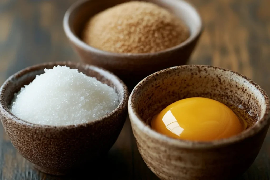 Three ceramic bowls filled with granulated sugar, brown sugar, and cracked eggs, arranged neatly on a wooden surface. Warm natural light highlights their textures, creating a cozy homemade kitchen vibe.