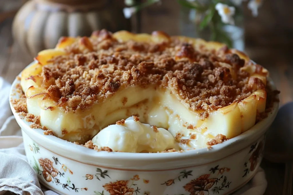 Cheesecake dump cake in a vintage dish with a golden topping and creamy layers, placed on a rustic table with soft natural lighting.