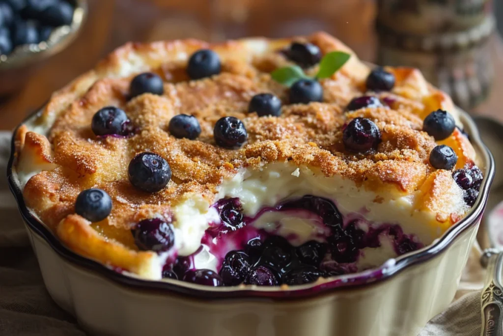 Blueberry lemon cheesecake dump cake in a vintage dish with a golden topping, creamy cheesecake swirls, and juicy blueberries, with a scoop removed to show gooey layers.