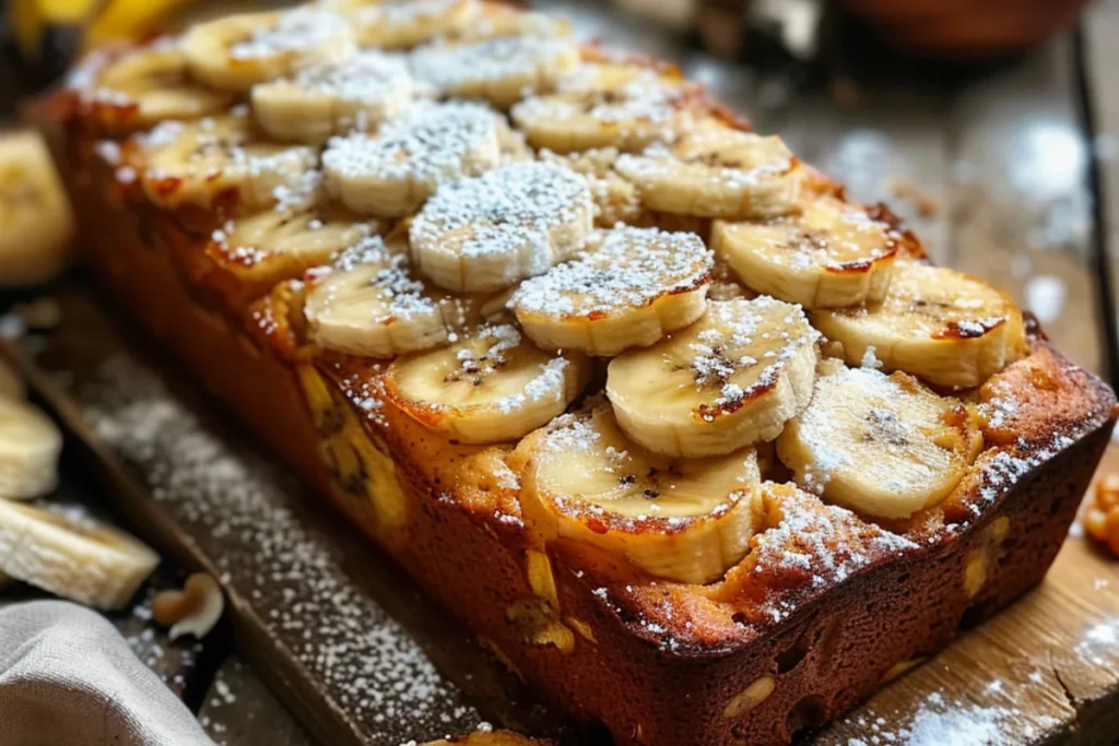 Cottage Cheese Banana Bread:Close-up of cottage cheese banana bread on a ceramic dish, golden-brown crust with a moist interior, topped with banana slices and powdered sugar, surrounded by baking ingredients on a rustic wooden table.