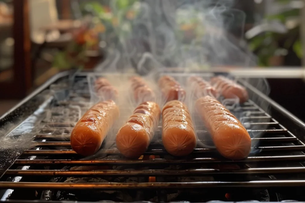 Fresh hot dogs being placed on a sizzling grill, with smoke rising as they begin to sear. The grill grates are heated, and the sausages have a slight sheen from their natural juices. A cozy backyard or patio setting is visible in the blurred background, capturing the anticipation of a perfect summer cookout.