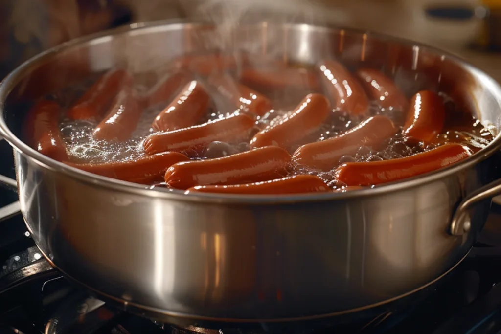 A pot of boiling water with plump hot dogs floating inside, steam rising as they cook. The stainless steel pot sits on a stovetop, with a cozy kitchen setting in the background.