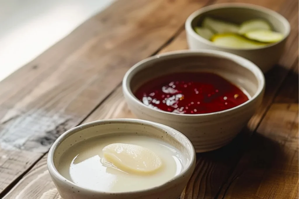 Three small bowls arranged on a clean wooden countertop, each containing a key ingredient for a marinade. One bowl holds smooth, creamy buttermilk, another contains tangy, translucent pickle juice, and the third is filled with vibrant red hot sauce. The ingredients are neatly placed in a minimalist workspace with soft, natural lighting, highlighting their rich textures and colors. The background is softly blurred to keep the focus on the three bowls.