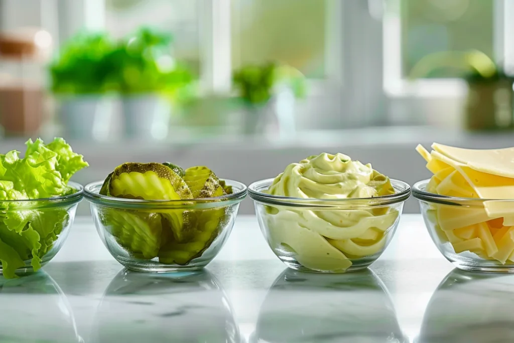 A delicious burger topped with crispy pickles, fresh lettuce, creamy mayo or spicy sauce, and melted cheese for extra flavor