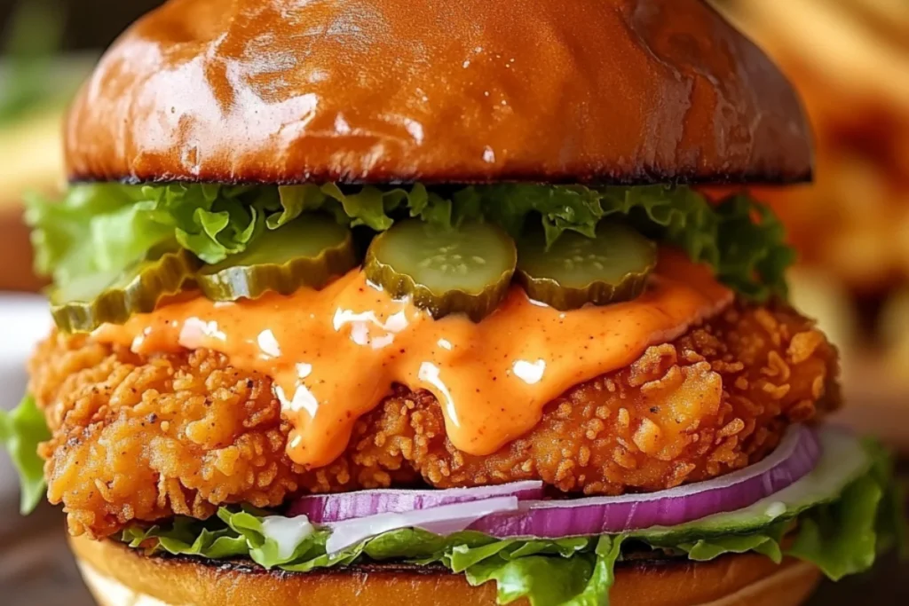 A perfectly crispy Honey Butter Chicken Sandwich with golden-fried chicken, drizzled with rich honey butter, nestled in a toasted bun. Topped with crunchy pickles, fresh lettuce, and a creamy or spicy sauce. Captured in natural lighting with an iPhone 15 Pro, showing every delicious layer without being overly zoomed in