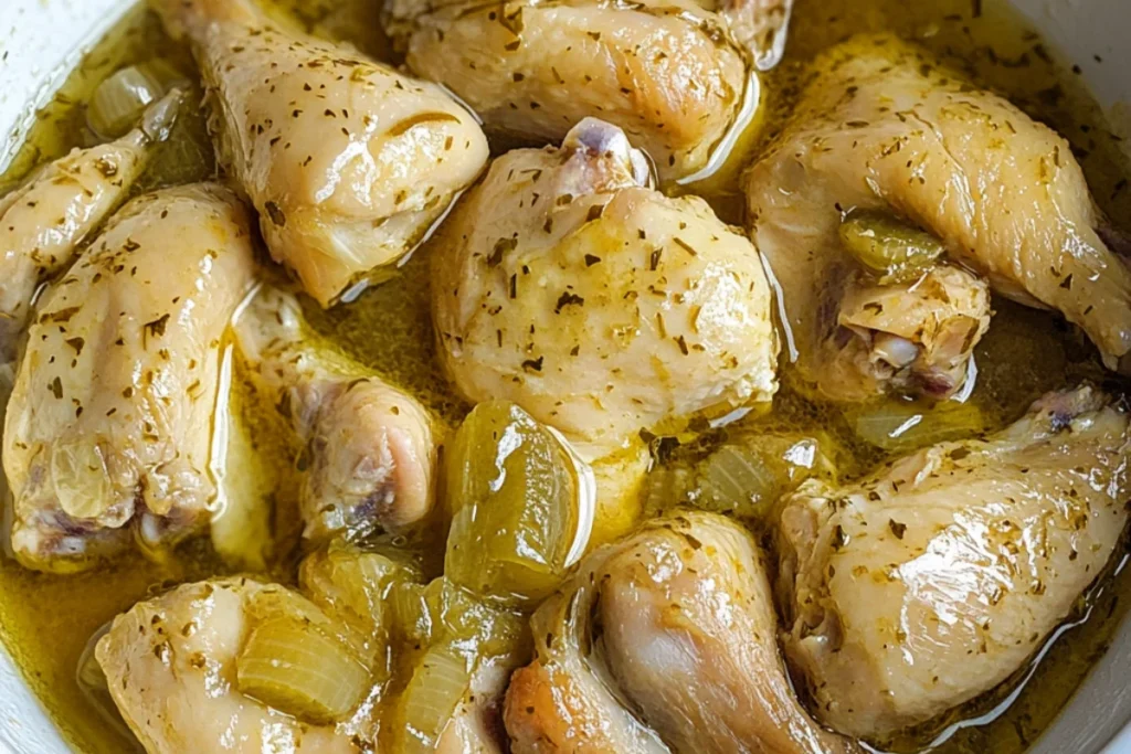 Raw chicken soaking in a bowl of buttermilk (or pickle juice), marinating for at least 4 hours to ensure tenderness and flavor. The liquid coats the chicken, prepping it for a juicy and flavorful fry
