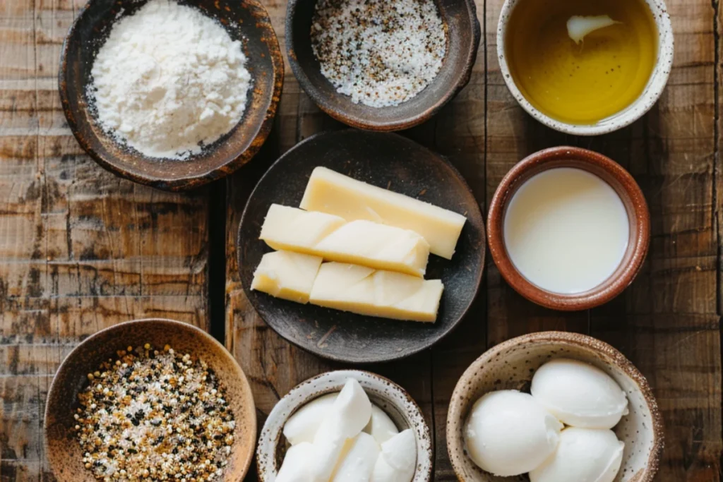 Mozzarella Cheese Sticks :A top-down view of five ceramic bowls on a rustic wooden surface, each containing a separate ingredient for mozzarella sticks: fresh mozzarella cheese, flour, beaten eggs, seasoned breadcrumbs, and oil for frying.