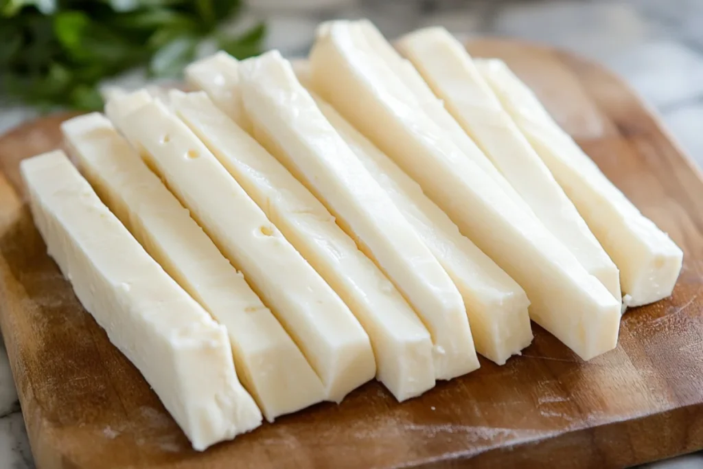 Mozzarella Cheese Sticks: Step-by-step process of breading mozzarella sticks: one coated in flour, another dipped in beaten eggs, and a third rolled in seasoned breadcrumbs. A second layer of egg and breadcrumbs adds extra crispiness before frying.