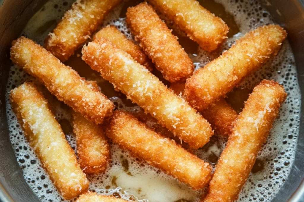 Mozzarella Cheese Sticks :Mozzarella sticks frying in hot oil, bubbling as they turn golden brown with a crispy, crunchy coating