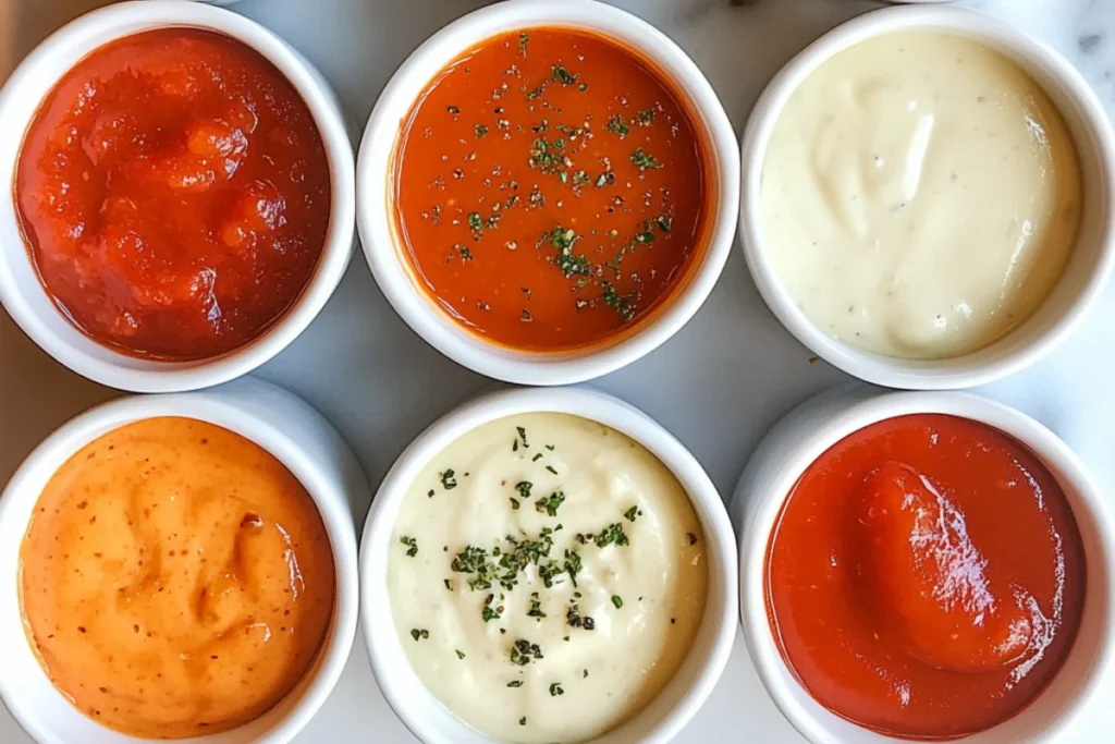 Mozzarella Cheese Sticks :Four dipping sauces in small bowls: classic marinara with a rich, tangy red hue, creamy ranch dressing, spicy sriracha mayo with a hint of heat, and smooth garlic aioli for a flavorful finish.